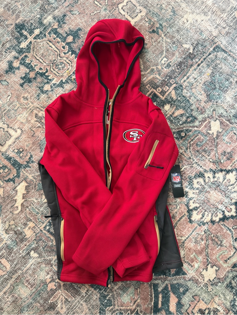 NFL San Francisco 49ers Red Hooded Varsity Jacket with Black Panels